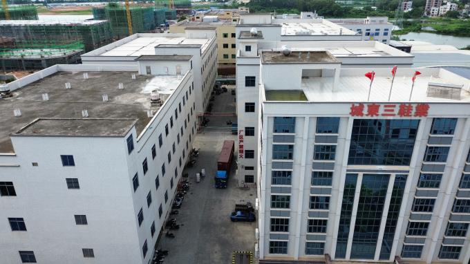Aerial view of Chengdong San Footwear factory complex in Wuchuan, showing modern multi-story buildings with Chinese signage “åæ±ä¸éæ¥­”, surrounded by industrial zones and greenery.